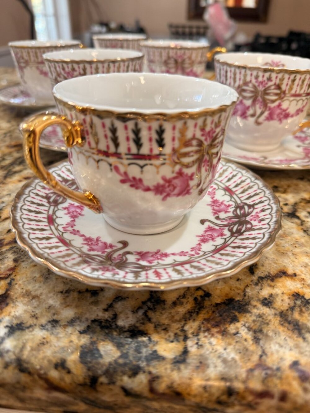 Vintage 1940s Imperial Porcelain Tea Set - 24K Gold Trim - Pink Floral Set of 6